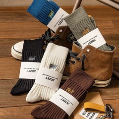 Men's Mid-Calf Socks for Autumn/Winter Pure Cotton Ins Trend Basketball Versatile Japanese Embroidery Long Calf Knit Sports Socks