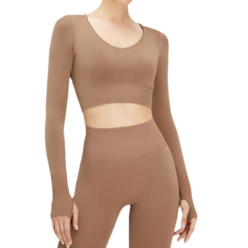 Europa y América nueva camiseta de la Yoga manga larga desnuda elástico Delgado deportes Top V-cuello sexy yoga ropa de entrenamiento para las mujeres