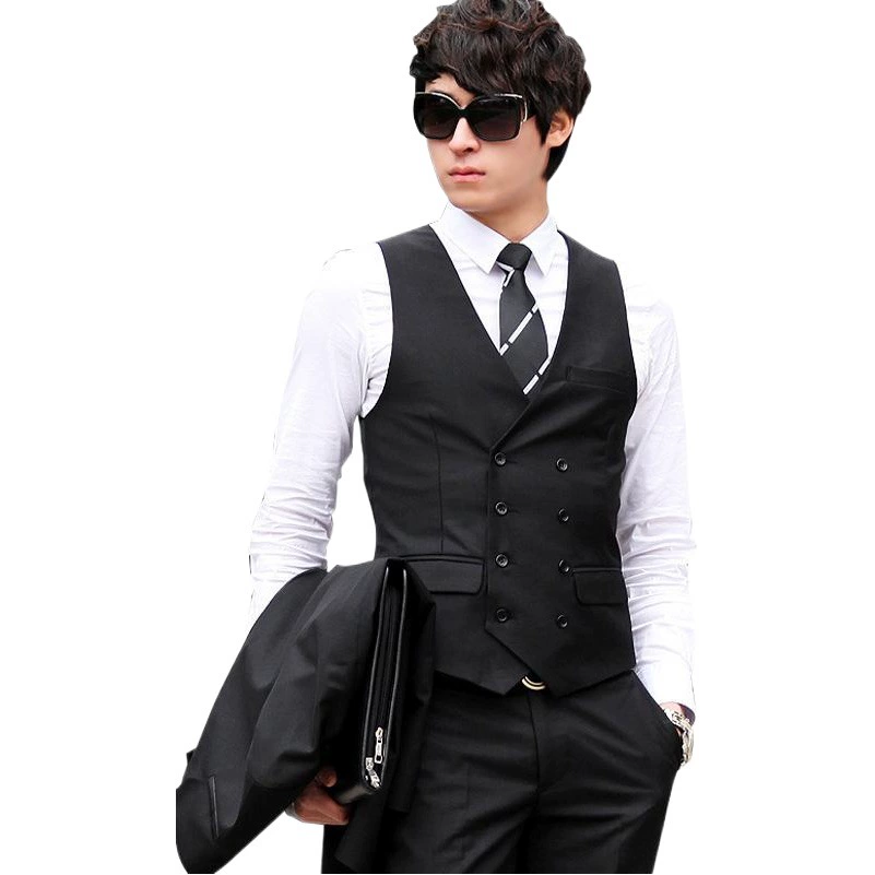Двубортный костюм-жилет, мужская повседневная приталенная однотонная модная мужская одежда в Корейском стиле, мужской костюм-жилет из не железа