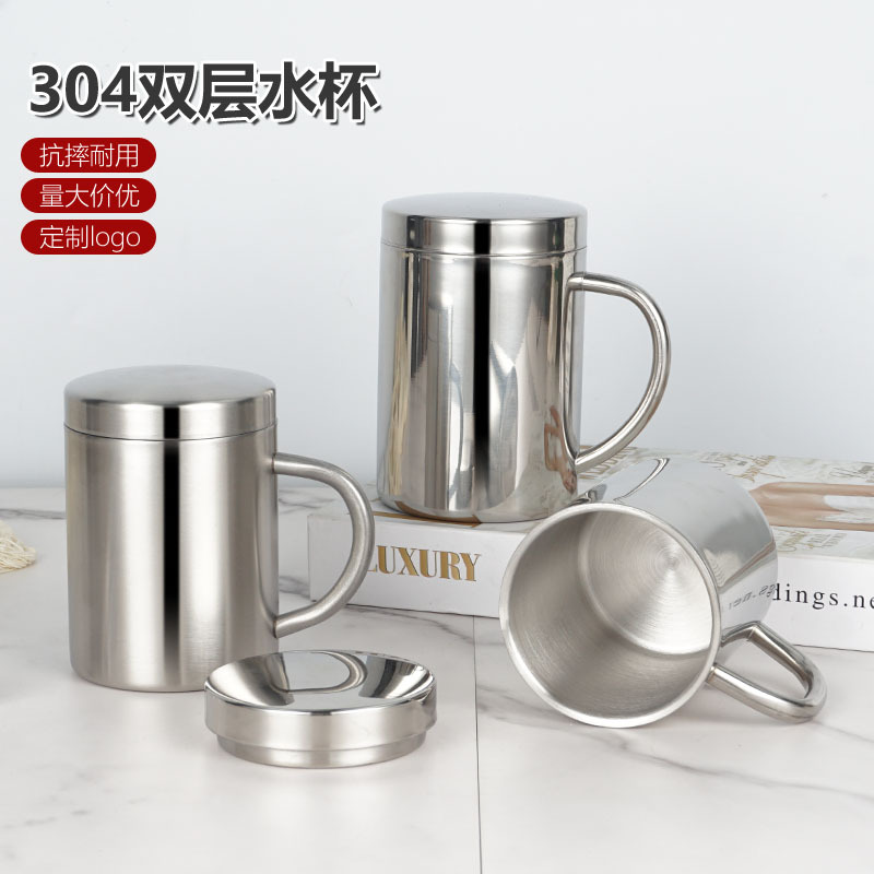 Taza de acero inoxidable 304 taza de doble capa con tapa taza de agua aislada de jardín de infantes con mango taza de café para adultos