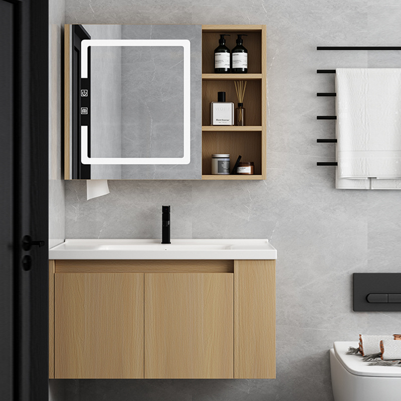 Mueble de baño de madera maciza lavabo de baño combinación de gabinete de cerámica cuenca integrada Lado de almacenamiento lavado cara inteligencia