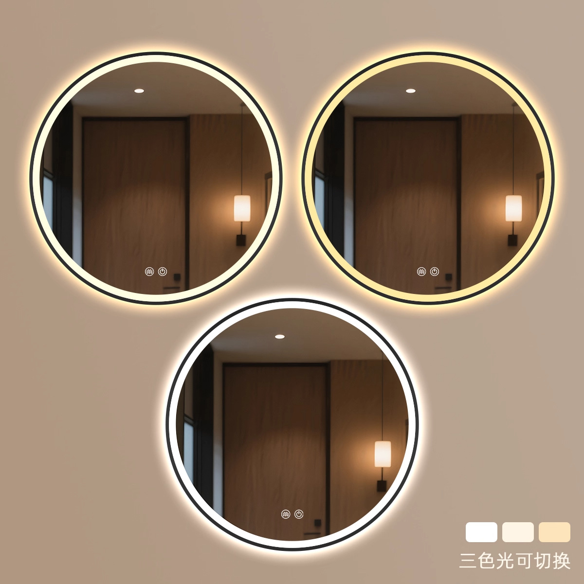 Espejo de baño inteligente Espejo circular Espejo de pantalla táctil Espejo luminoso Espejo de maquillaje montado en la pared Espejo de maquillaje anti-fog