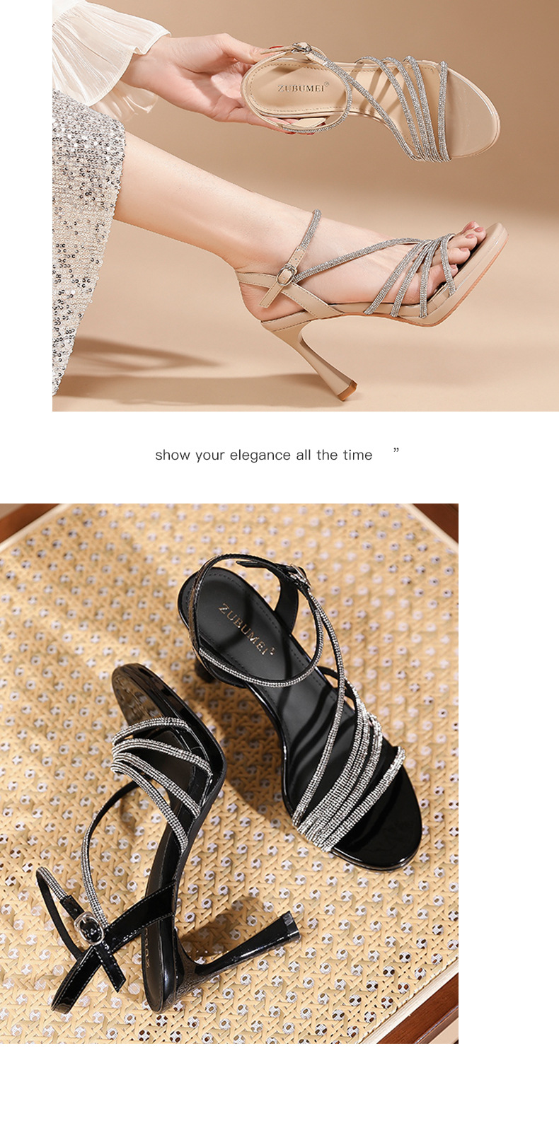 Sandal cao gót nữ mũi nhọn quai ngang đính đá, gót 9 cm, đế platform — Màu nude-9cm chi tiết 7