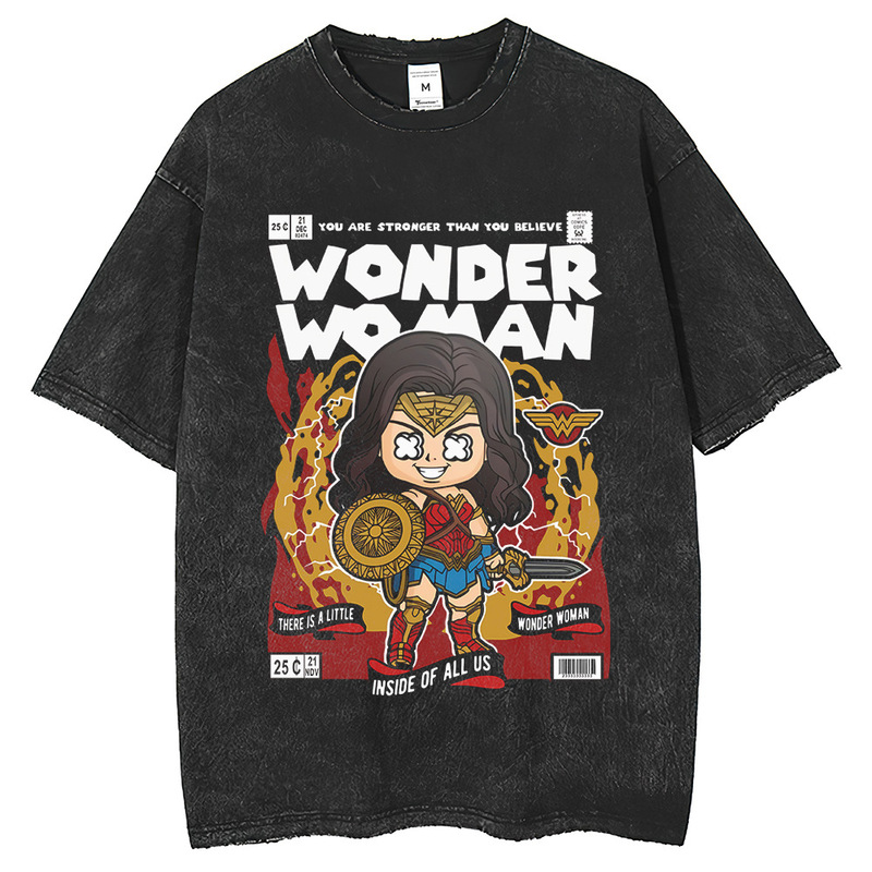 Europe and the United States old wash water T-shirt high street oversize Wonder Woman Q version printed men's and women's lovers Europe and the United States old wash water T-shirt high street oversize Wonder Woman Q version printed men's and women's lovers