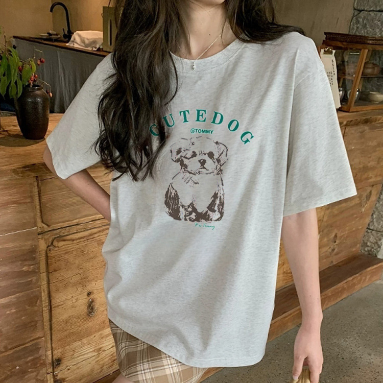 Round Neck Pure Cotton Short-Sleeved T-Shirt for Women, Summer New Style, American Trendy Brand, Dog Design, Casual Loose Top for Women Round Neck Pure Cotton Short-Sleeved T-Shirt for Women, Summer New Style, American Trendy Brand, Dog Design, Casual Loose Top for Women