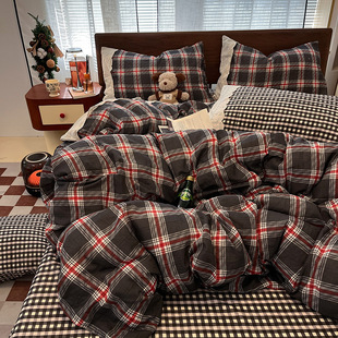 Antique Plaid Cotton Double Yarn Four-Piece Set Naked Sleeping Skin-Friendly Cotton Bed Sheet Quilt Cover Class A Bedding Wholesale 1.8