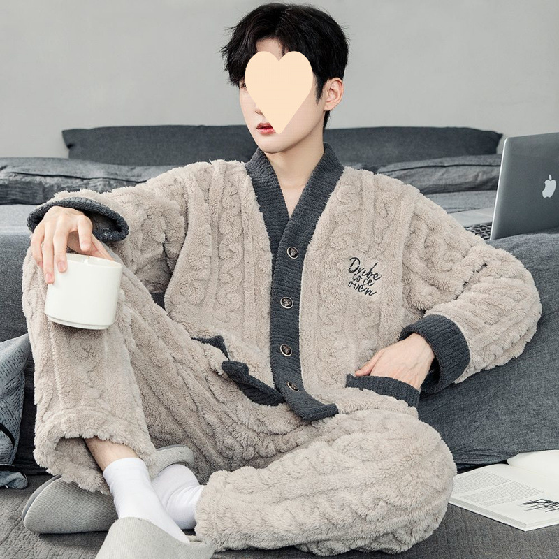가을과 겨울 산호 양털 파자마 남성용 두꺼운 플란넬 세트 한국 긴팔 카디건 청소년 홈 의류 플러스 사이즈