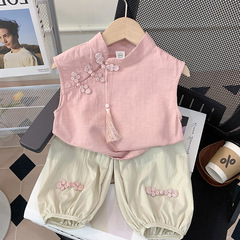 女童套裝夏裝2024新款兒童洋氣時髦小童衣服女寶寶國風兩件套夏季