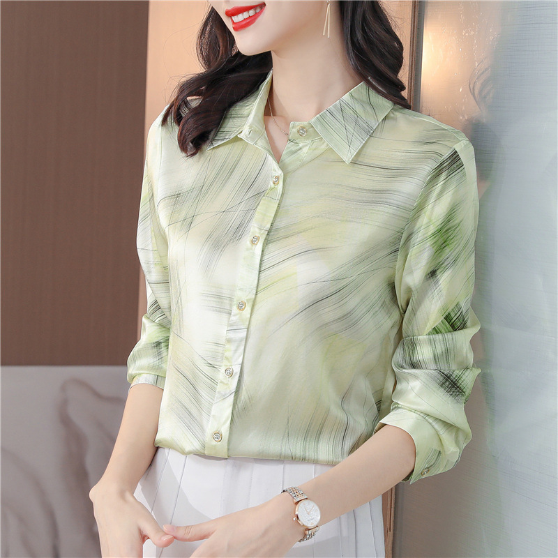 Simulated Silk Shirt 2026 Spring and Autumn New Fashion Stylish Lapel Long-Sleeve Slimming Mulberry Silk Top for Women Trendy Simulated Silk Shirt 2026 Spring and Autumn New Fashion Stylish Lapel Long-Sleeve Slimming Mulberry Silk Top for Women Trendy