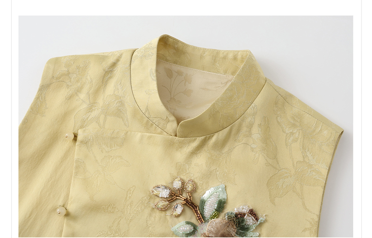 Áo vest cổ đứng thêu hoa văn kiểu Trung Quốc mới, bộ áo vest và chân váy đính hạt sang trọng phong cách dân tộc mới N6032 — gừng vàng chi tiết 22