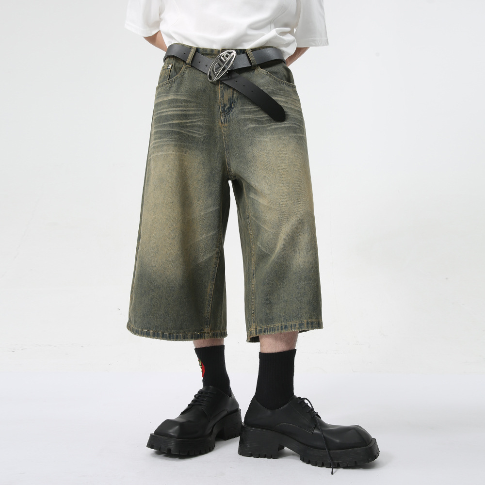 Mtlclothes Men's Clothing | Retro Teal High-Street Straight-Leg Wide-Leg Loose Versatile Drapey Cropped Jeans