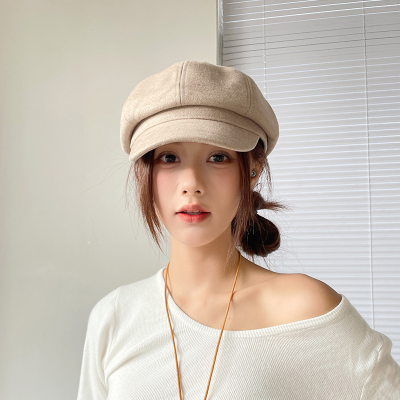 韩版纯色毛呢八角帽子女秋季鸭舌贝雷帽文艺复古显脸小画家报童帽|undefined