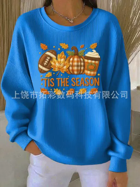 European and American Cross-Border Foreign Trade Amazon Halloween Pumpkin Print Round Neck Long-Sleeved Sweatshirt for Women with Thick Needle Strips