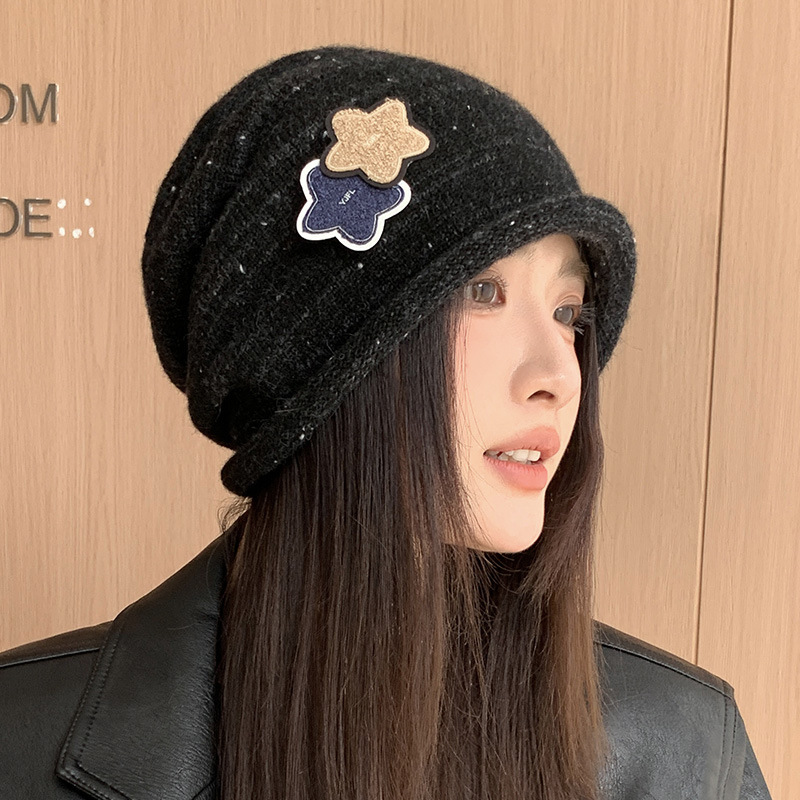 帽子女秋冬季布贴星星时尚潮流针织堆堆帽大头围显脸小套头冷帽男|undefined