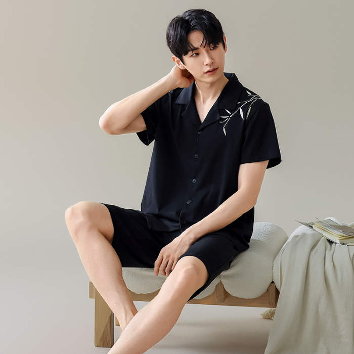 2025 verano pantalones cortos de manga corta pijama hombre bordado delgado algodón ropa casera casal de color sólido dos piezas de ropa exterior