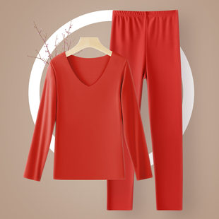 Red birthday charm, keep warm antibacterial underwear, base set, long-sleeve, V-neckline, plus size, increased thickness