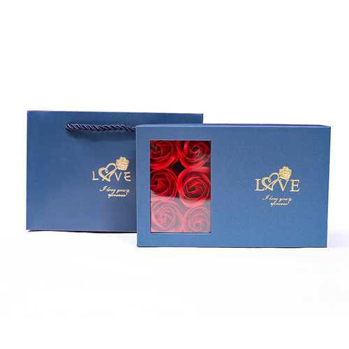 Valentine's Day Rose Gift Box with Window Top Cover, 6 Soap Flowers, Pendant, Ring, Earrings, Decorative Packaging Box