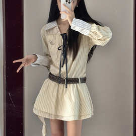 学院风长袖条纹衬衫连衣裙女春秋季2025新款茶系穿搭假两件套短裙
