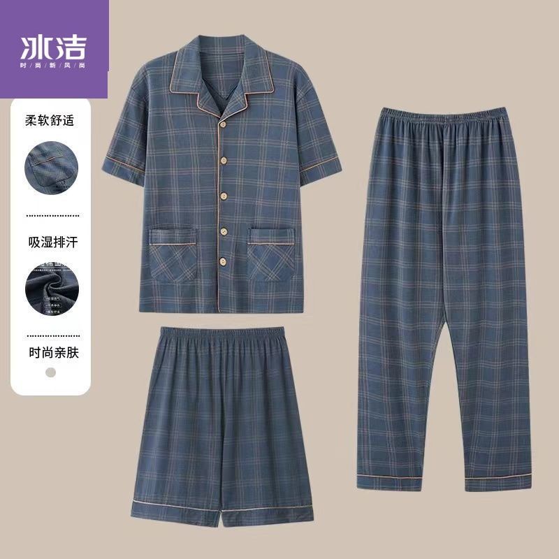 100% pijamas de algodón de los hombres de verano cardigan pantalones cortos de manga corta pantalones de tres piezas delgada más tamaño homewear traje