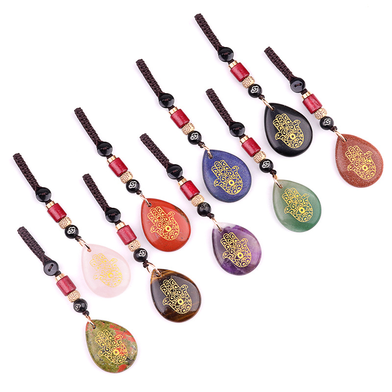 2101-紫晶虎眼石雕刻手掌符号水滴钥匙扣 DIY包包挂件跨境饰品