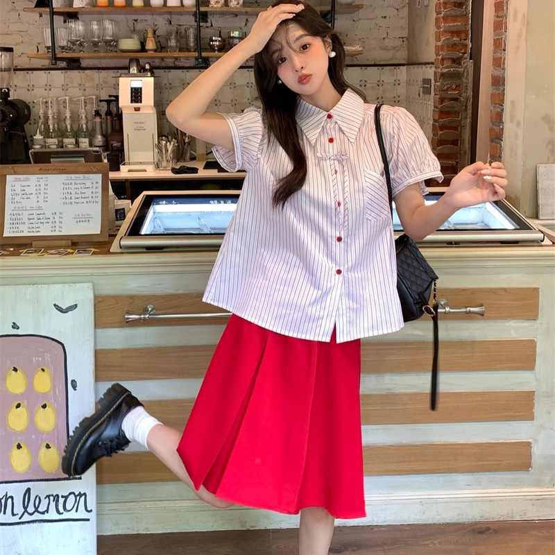 红色条纹短袖衬衫女夏季蝴蝶结宽松半袖泡泡袖衬衣半身裙两件套装|undefined