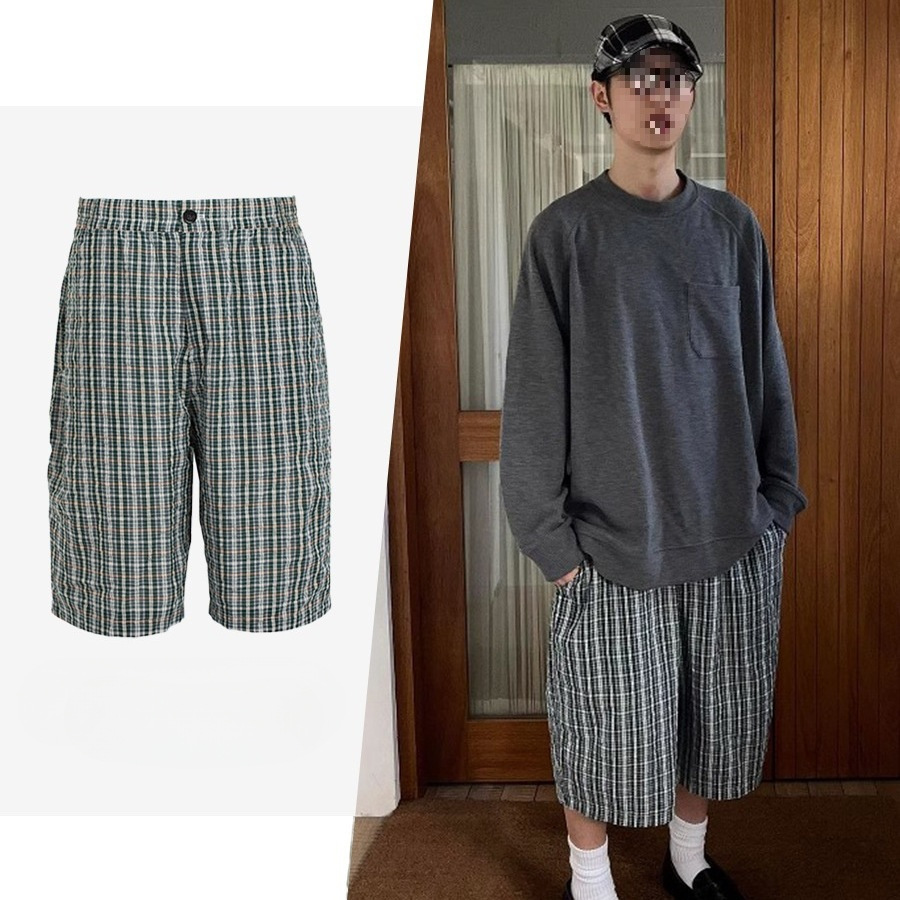 Cross-Border Summer Seaside Vacation Casual Blue and Green Plaid Loose-Fitting Cropped Pants Men's Shorts