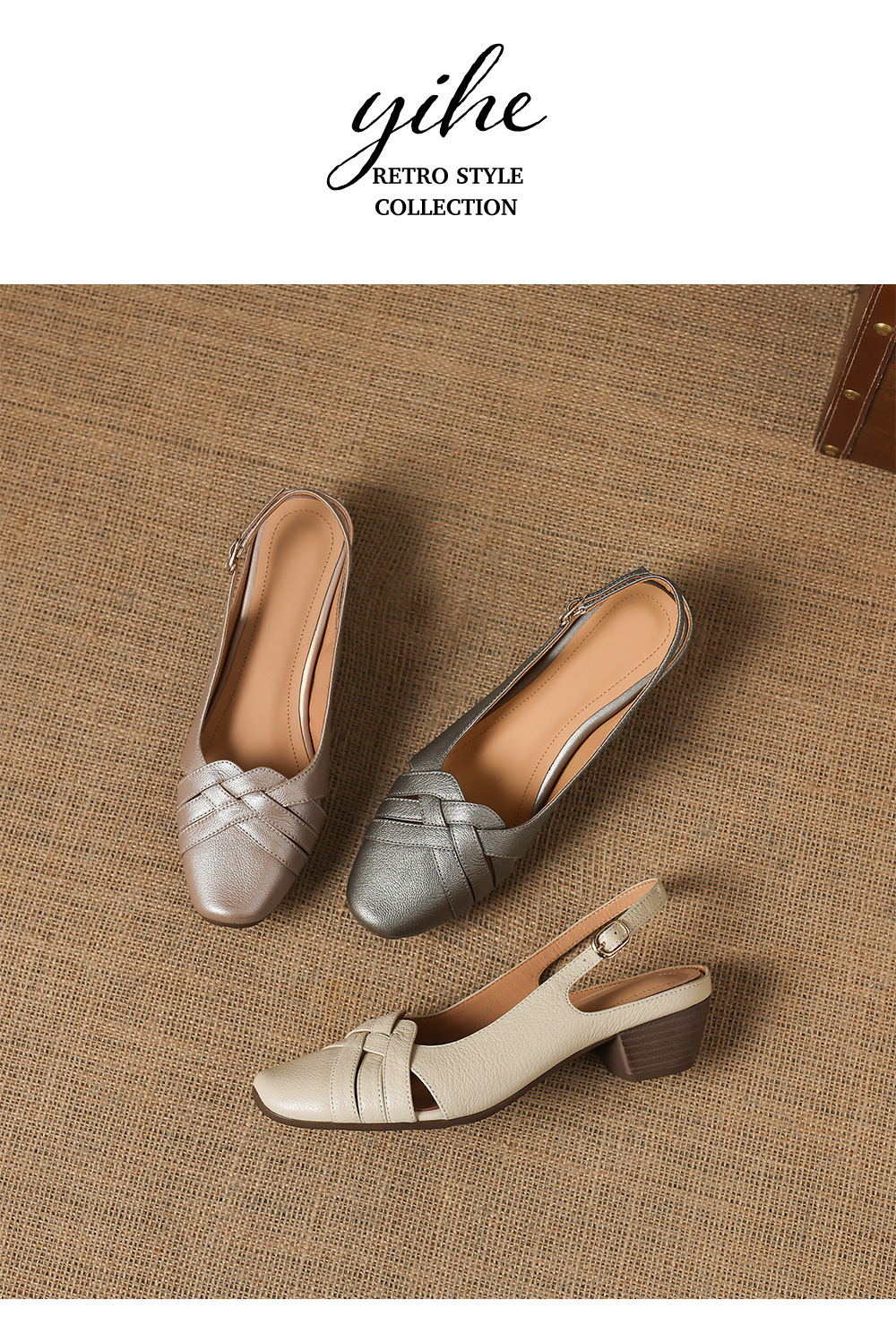 Sandal nữ mũi nhọn quai dệt gót thô 3.5 cm da cừu — Champagne màu chi tiết 16