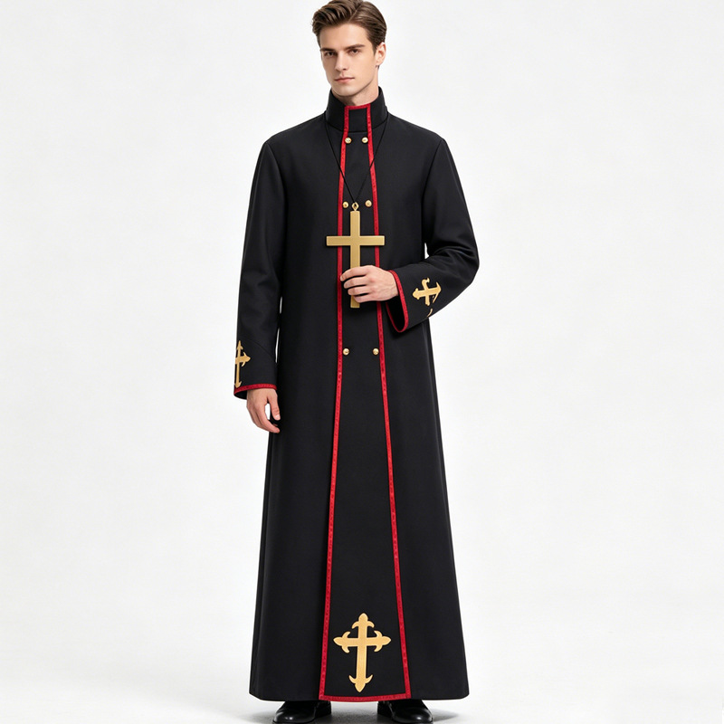 Halloween costume with a cross, priest's robe, medieval priest, godfather, and vampire cosplay outfit.