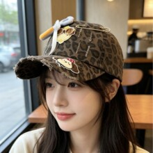 凯蒂猫可爱kt豹纹夏威夷黑皮棒球帽女刺绣可爱蝴蝶结鸭舌帽遮阳帽