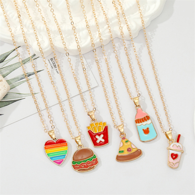 Korean creative personality alloy dripping oil French fries pizza food pendant necklace