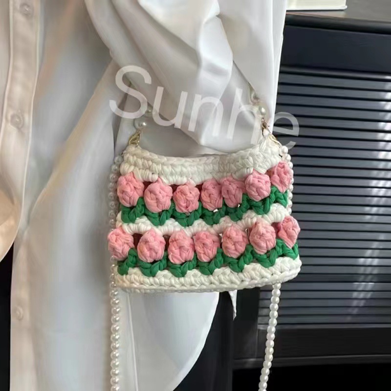 Bolsa de tejido DIY hecha a mano, bolsa de Tulip, tela casera, línea de ganchillo, bolsa de material DIY