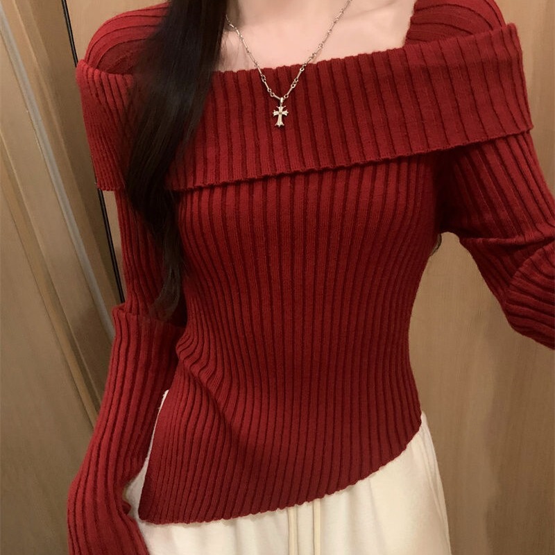 Christmas red irregular off-shoulder sweater women's autumn and winter chic beautiful undershirt sweater top