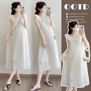 Maternity Wear 2025 Summer New Product Simple Loose Fashionable Popular Elements Lace Collar Cut Out Maternity Dress