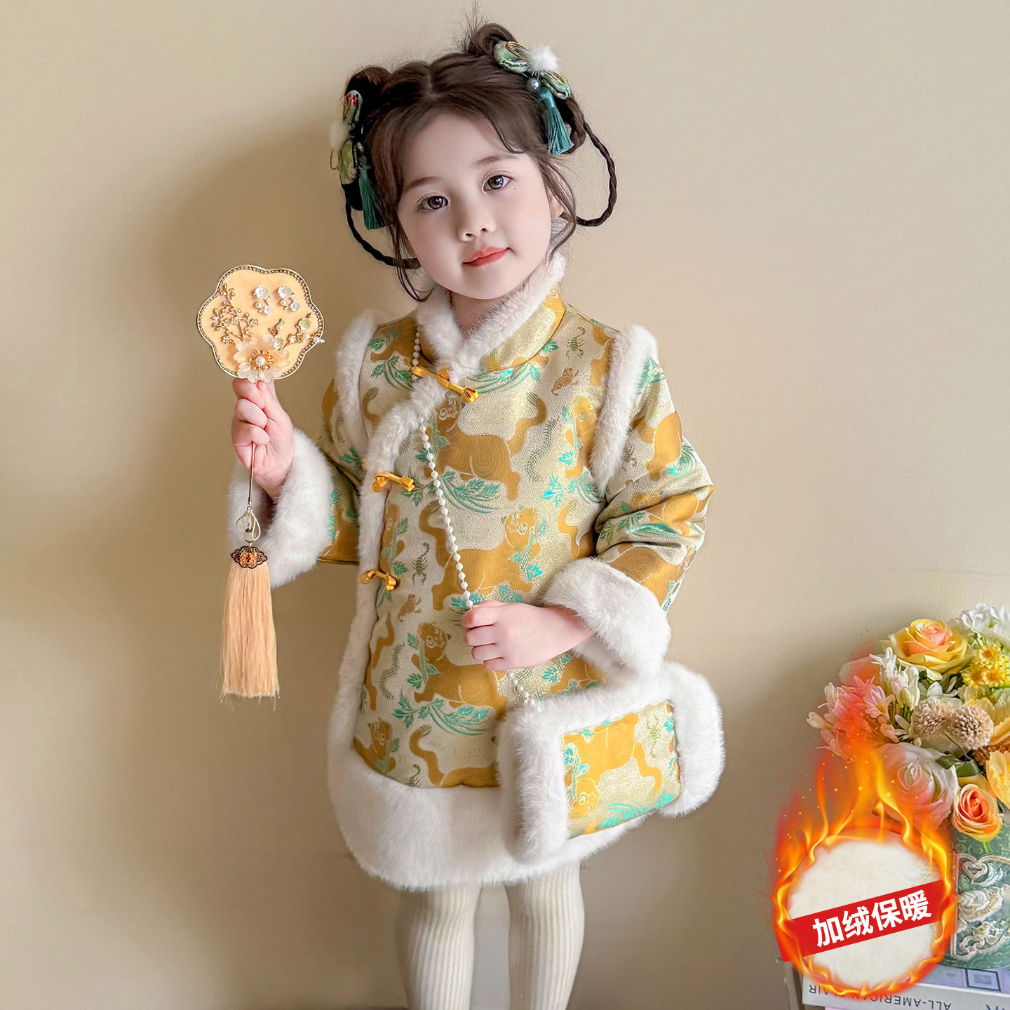 女童棉裙汉服旗袍冬季2025新款儿童中国风唐装加厚新年古装拜年服