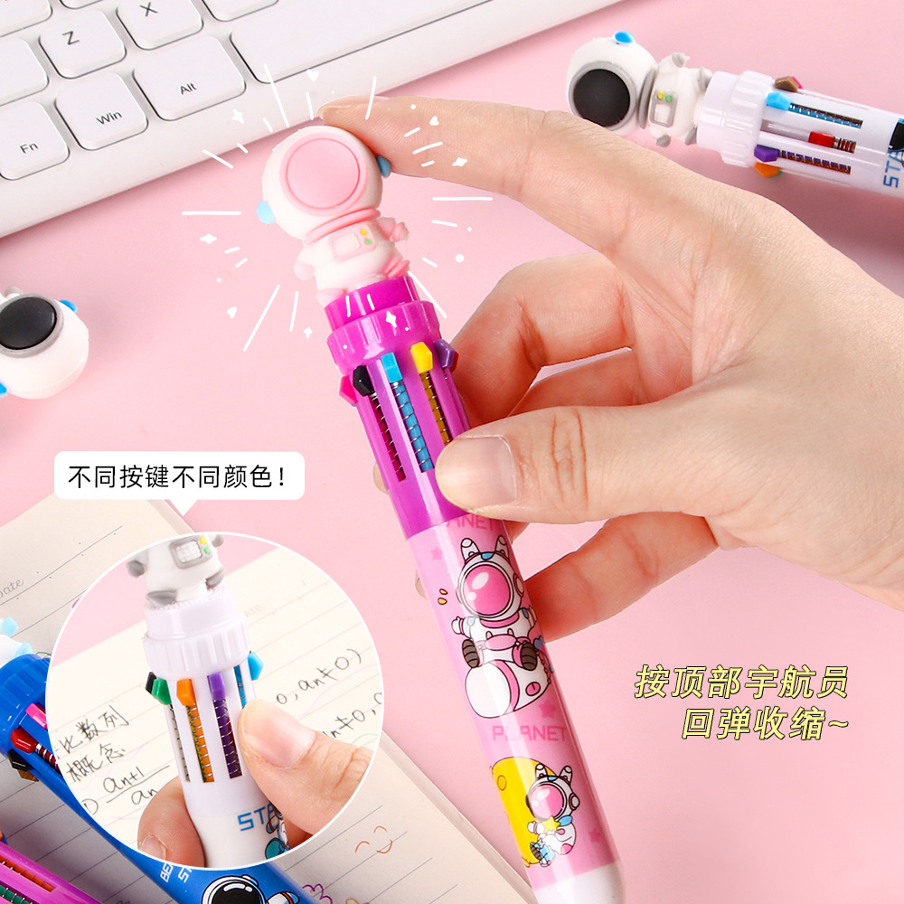 Bolígrafo de astronauta de diez colores de dibujos animados lindo y creativo bolígrafo de góner multicolor a presión papelería multifuncional de alto valor