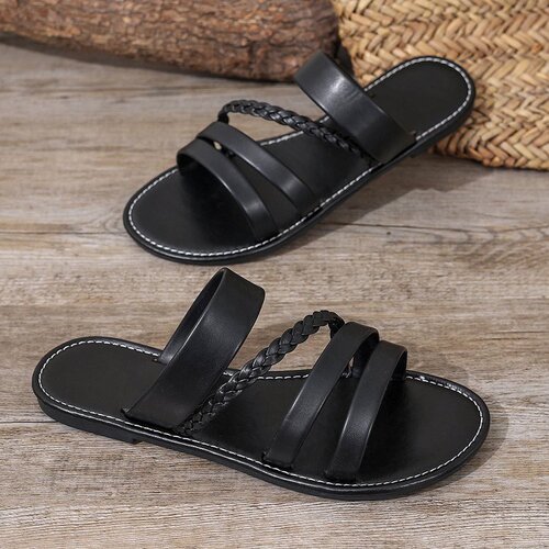 Women's Spring and Summer New Fashion Lightweight Solid Color Woven Flat Sandals for Outdoor Wear and Wide Feet