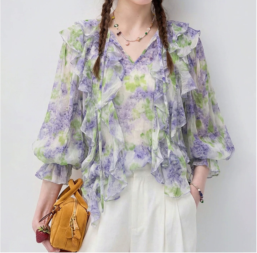 Áo sơ mi chiffon in hoa VEGA CHANG tay dài viền lá sen — Yên Hà Tử chi tiết 1