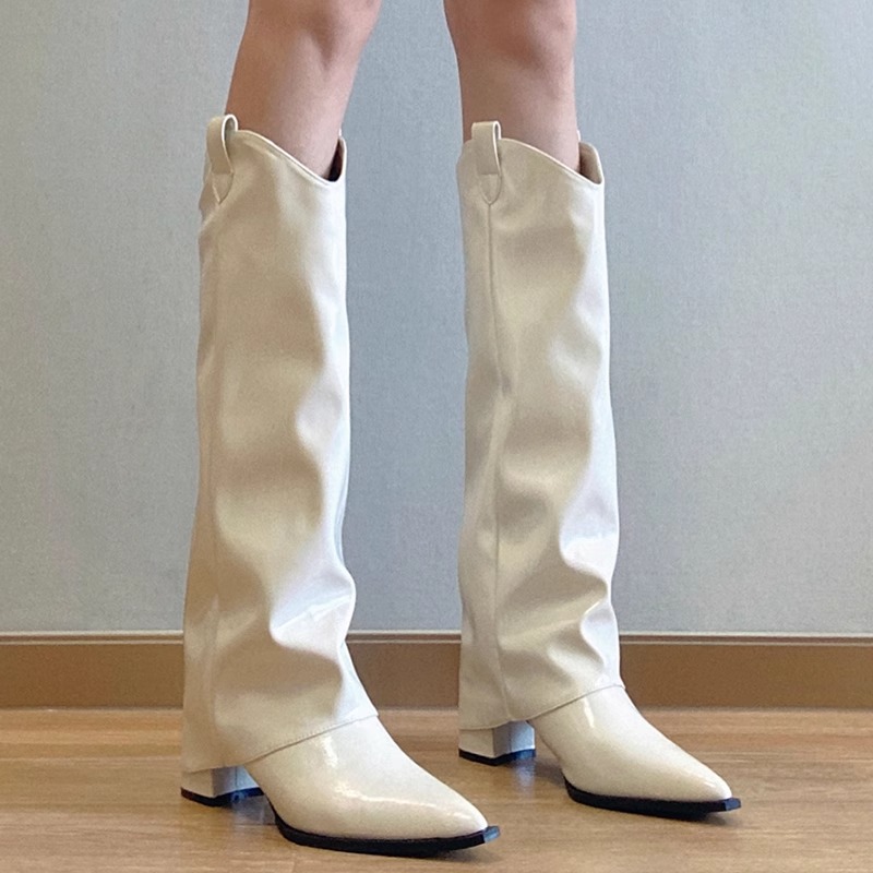 여성용 2026 가을 겨울 신상 핫걸 스타일 포인티드 토 무릎길이 슬림핏 패셔너블하고 다재다능한 두꺼운 굽 슬립온 나이트 부츠