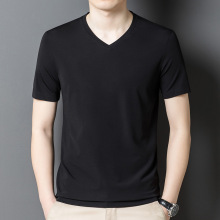 2026夏季高端桑蚕丝男士短袖T恤商务休闲免烫中年时尚V领T恤衫
