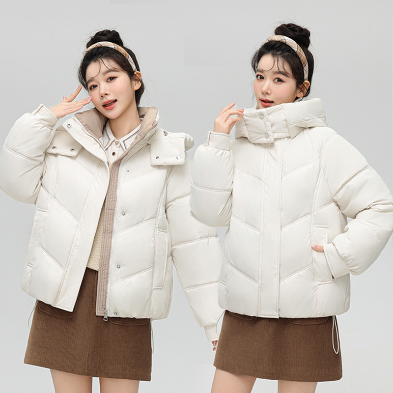 Algodón mujer 2025 otoño y invierno nuevo estilo coreano corto engrosado plumón chaqueta de algodón pequeño suelto chaqueta con capuzas de color contraste