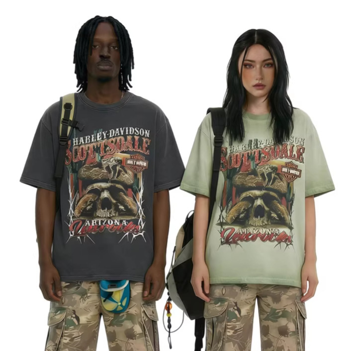 Trendy Chinese-Style American Retro Gradient Washed Vintage Front and Back Graphic Retro Rock Street Short-Sleeve T-Shirt Trendy Chinese-Style American Retro Gradient Washed Vintage Front and Back Graphic Retro Rock Street Short-Sleeve T-Shirt