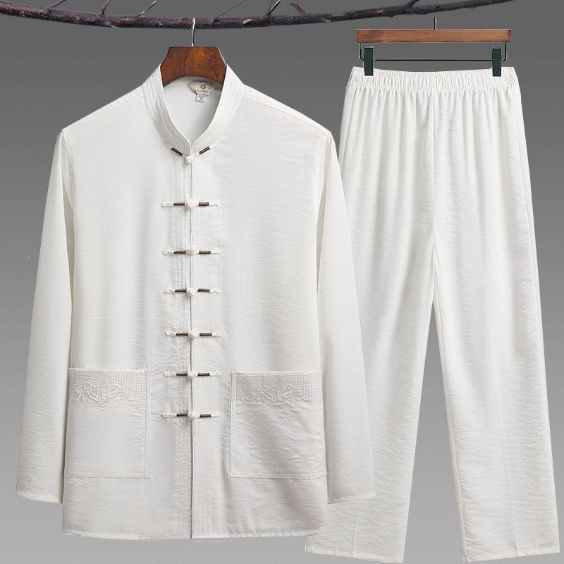 Men's Tang-style long-sleeved ice silk suit for middle-aged and elderly men, spring and summer style Chinese Tai Chi uniform, Hanfu, and grandfather's clothing.