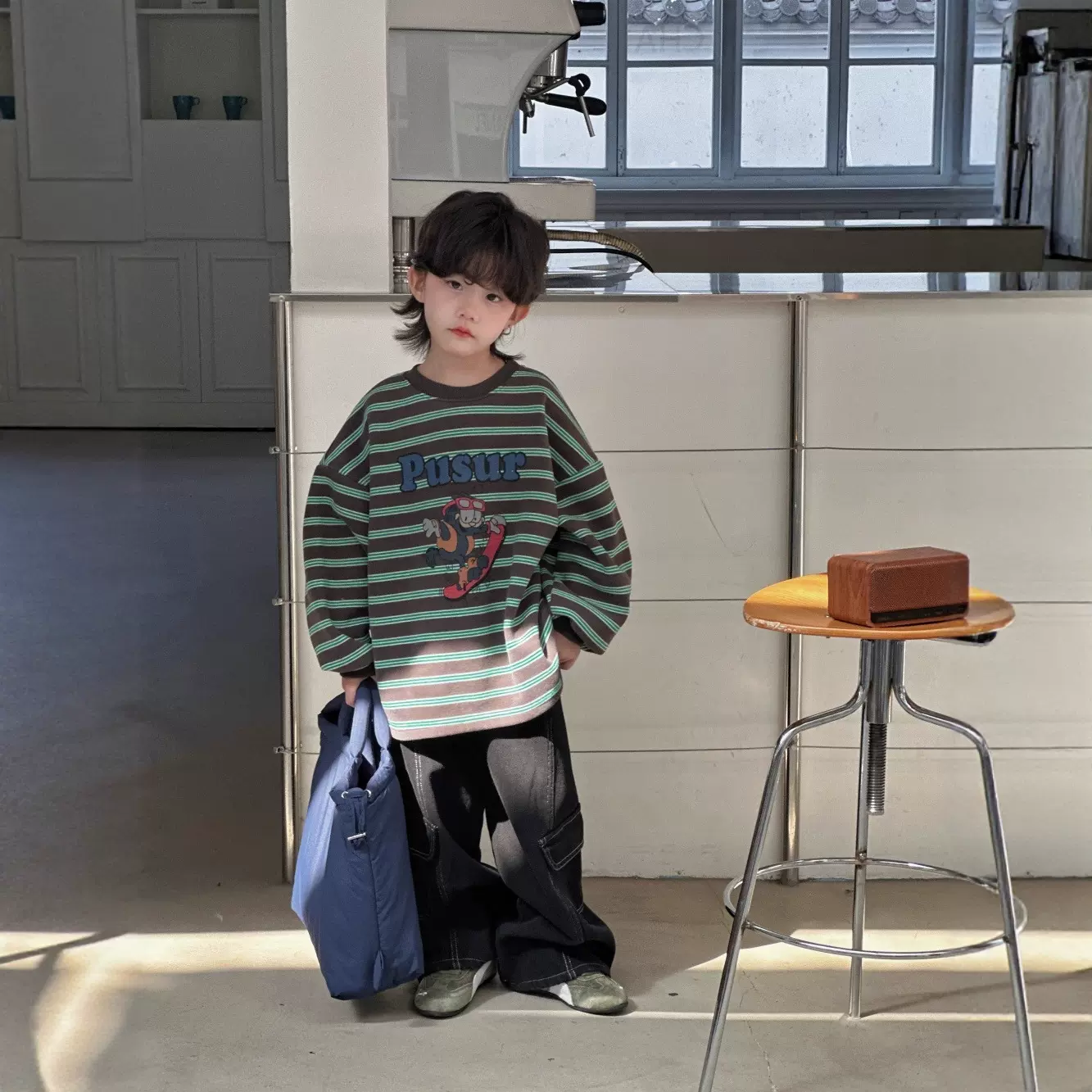 童装加绒卫衣2025秋冬季韩版卡通条纹宽松圆领加绒保暖儿童上衣潮