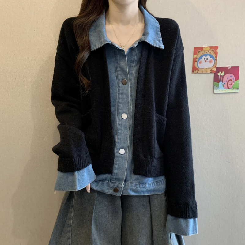 假两件牛仔拼接外套女秋冬港风复古chic宽松休闲夹克上衣女A6832|undefined