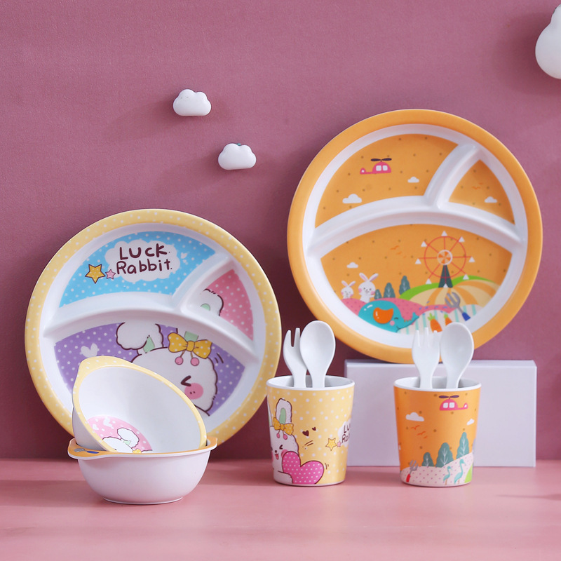 Factory Direct Sales Bamboo Fiber Kidsren's Tableware Set Creative Cartoon Food Supplement Dinner Plate Baby Round Dinner Plate Five-piece Set Factory Direct Sales Bamboo Fiber Kidsren's Tableware Set Creative Cartoon Food Supplement Dinner Plate Baby Round Dinner Plate Five-piece Set
