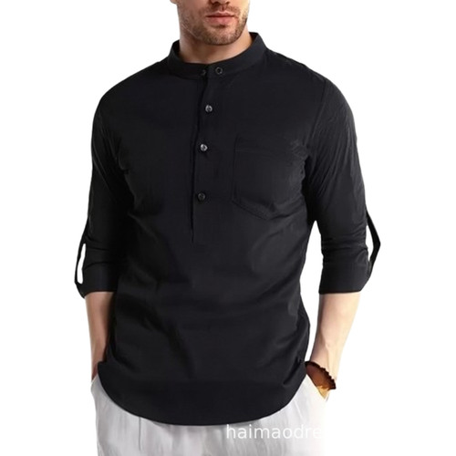 2025 Spring and Summer Pure Cotton Men's Long-Sleeve Henley Shirt Yiwu Shirt Men's Formal Large Men's Clothing
