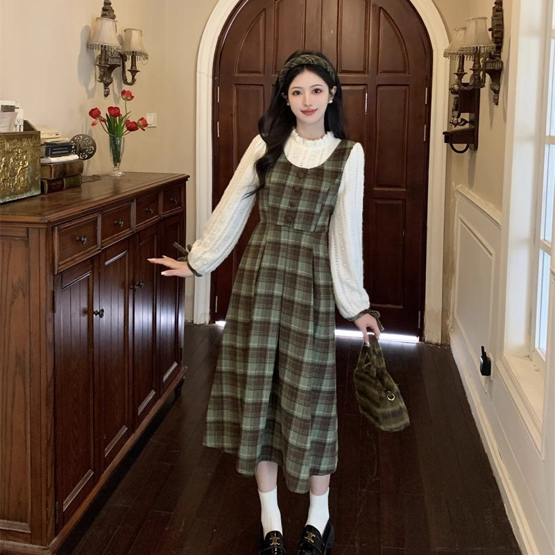 College Style Fake Two-Piece Green Plaid Dress Autumn and Winter Women's New Style Long Skirt for Small People College Style Fake Two-Piece Green Plaid Dress Autumn and Winter Women's New Style Long Skirt for Small People
