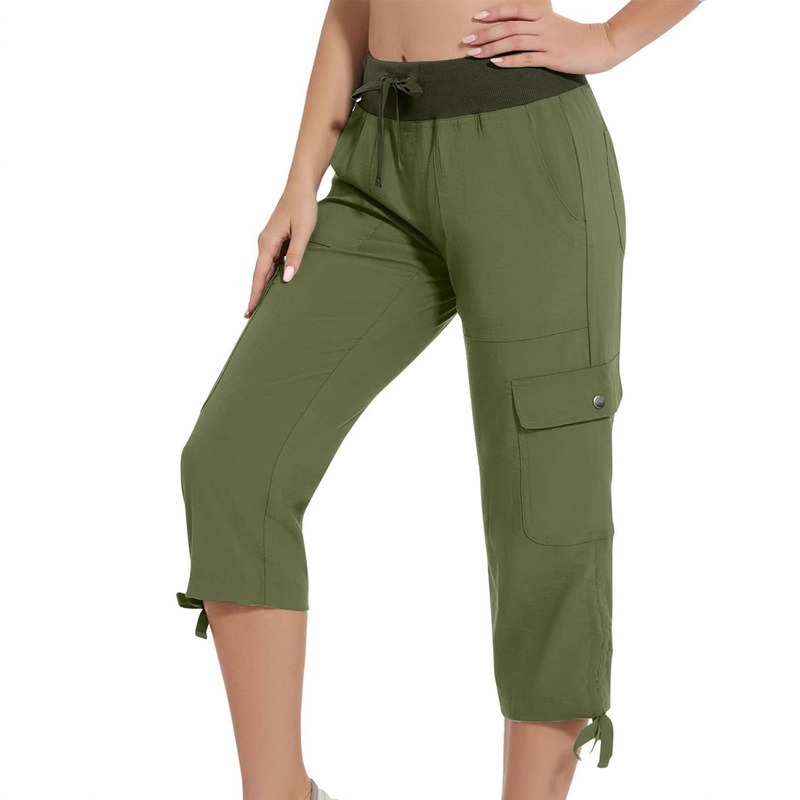 2025 Summer Women's European and American Street Workwear with Pockets Elastic Waist Rope Fashion Trendy Casual Cropped Pants