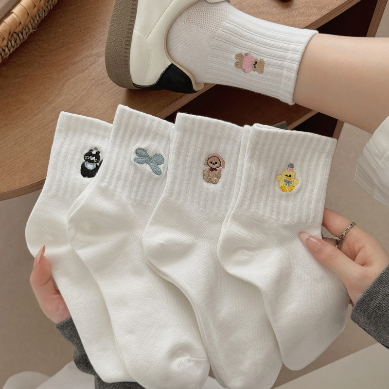 Ins Trendy Cartoon Embroidered White Sports Socks Women's Summer Thin Short Socks Breathable Mesh Middle Tube College Style
