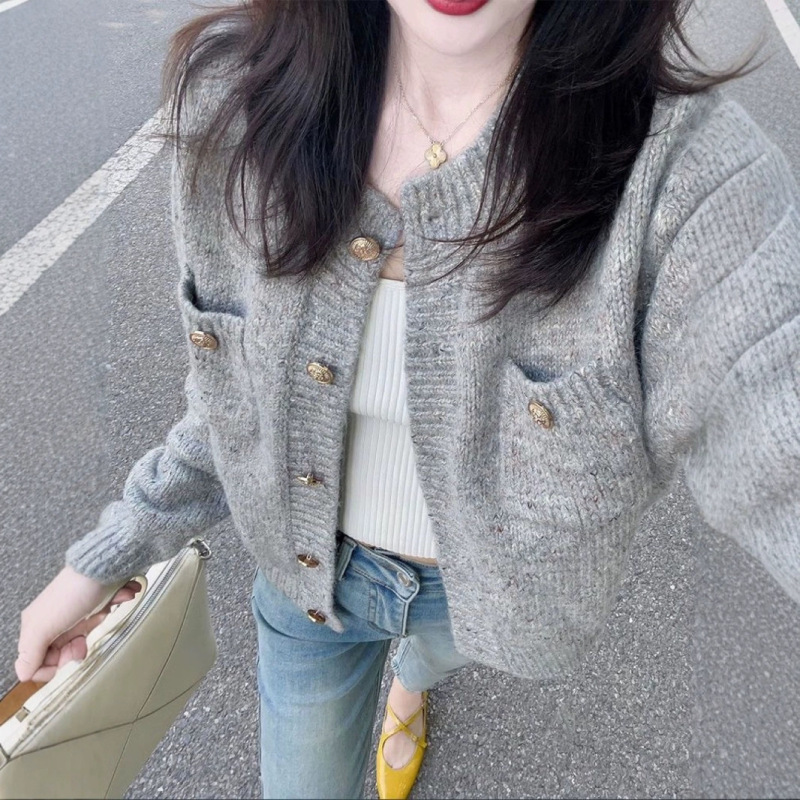 法式复古小香风灰色针织开衫毛衣女软糯高级感慵懒风外套上衣秋冬|undefined
